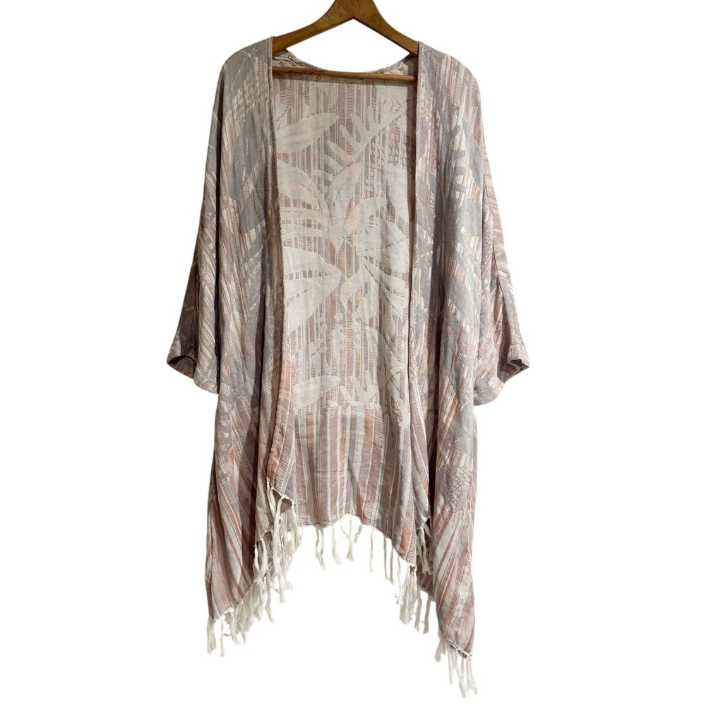 Soft Surroundings Kimono Cardigan Duster Gray Pink Fringe Boho Coastal‎ Size S/M